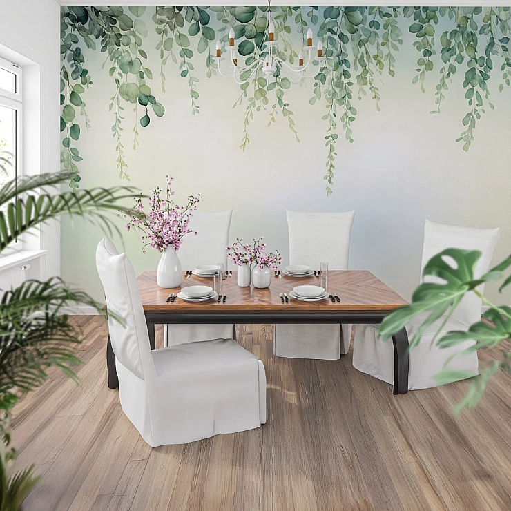 Hanging Green Leaves Wall Mural – Fresh Botanical Nature Design Hanging Green Leaves Wall Mural – Fresh Botanical Nature Design