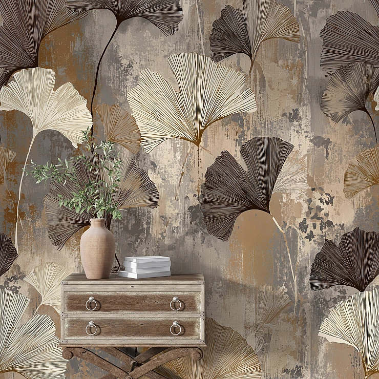 Ginkgo Leaf Wall Mural – Elegant Neutral Botanical Pattern Design