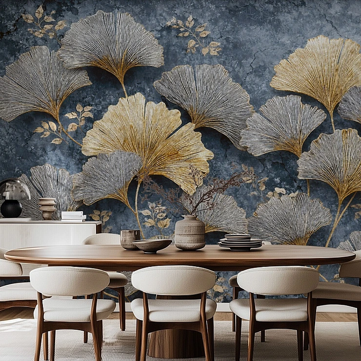 Luxury Ginkgo Leaf Wall Mural – Blue Gold Botanical Design