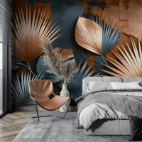 Modern Metallic Palm Leaves Wall Mural – Blue Copper Tropical Design