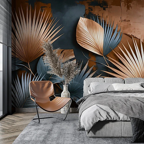 Modern Metallic Palm Leaves Wall Mural – Blue Copper Tropical Design