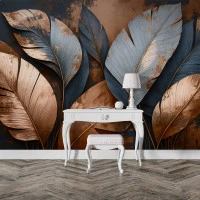 Abstract Metallic Leaves Wall Mural – Modern Blue Copper Botanical Design