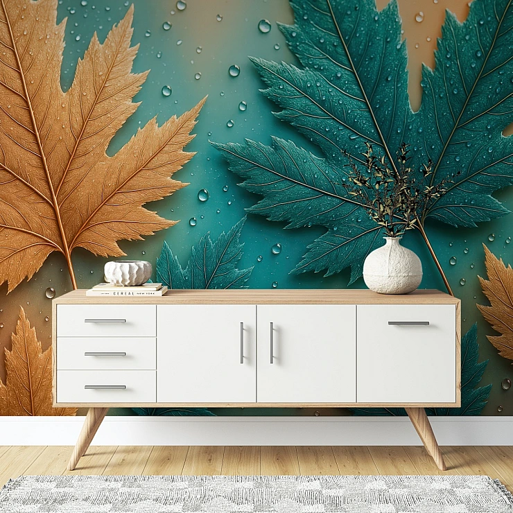 Teal Autumn Leaf Wall Mural – Modern Nature Gold Texture Design