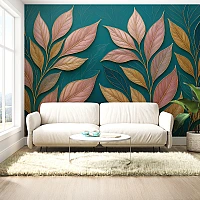Teal Leaf Wall Mural – Modern Botanical Copper Luxury Design