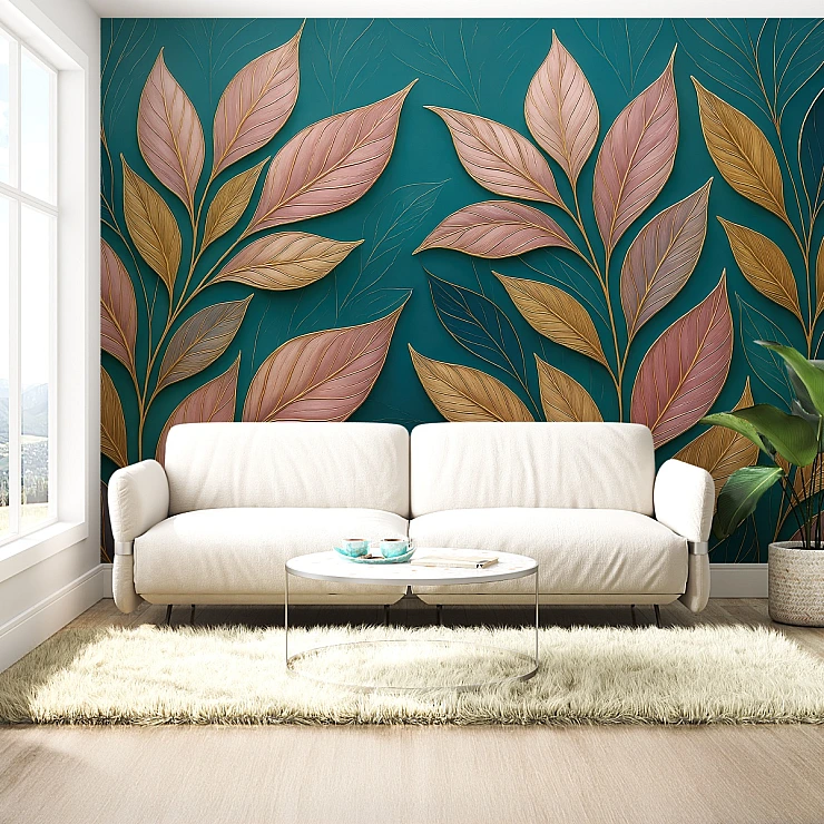 Teal Leaf Wall Mural – Modern Botanical Copper Luxury Design Teal Leaf Wall Mural – Modern Botanical Copper Luxury Design
