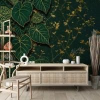 Gold Botanical Leaves Wall Mural – Dark Green Luxury Nature Design