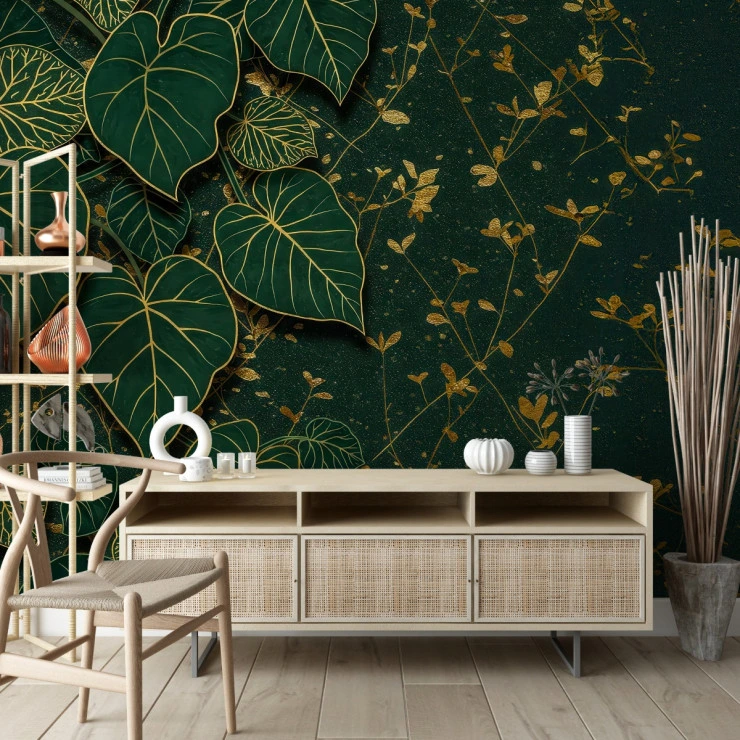 Gold Botanical Leaves Wall Mural – Dark Green Luxury Nature Design