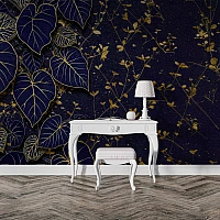 Gold Botanical Leaves Wall Mural – Dark Blue Luxury Nature Design