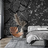 Black Botanical Wall Mural – Elegant Monochrome Leaf Design