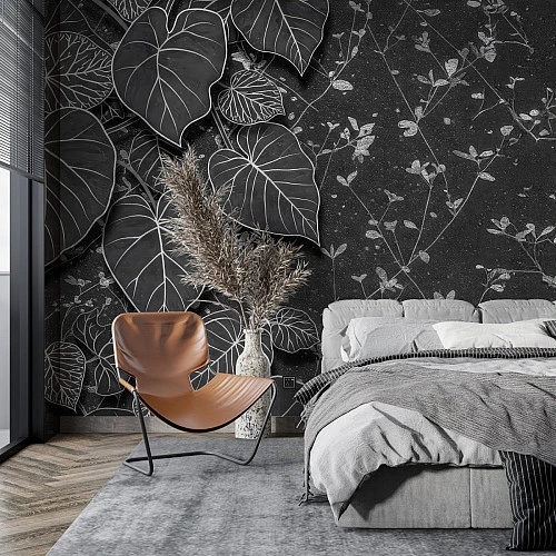 Black Botanical Wall Mural – Elegant Monochrome Leaf Design