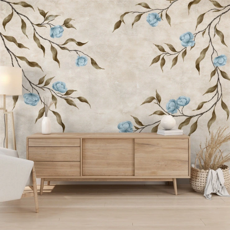 Soft Blue Floral Branch Wall Mural – Elegant Minimal Nature Design